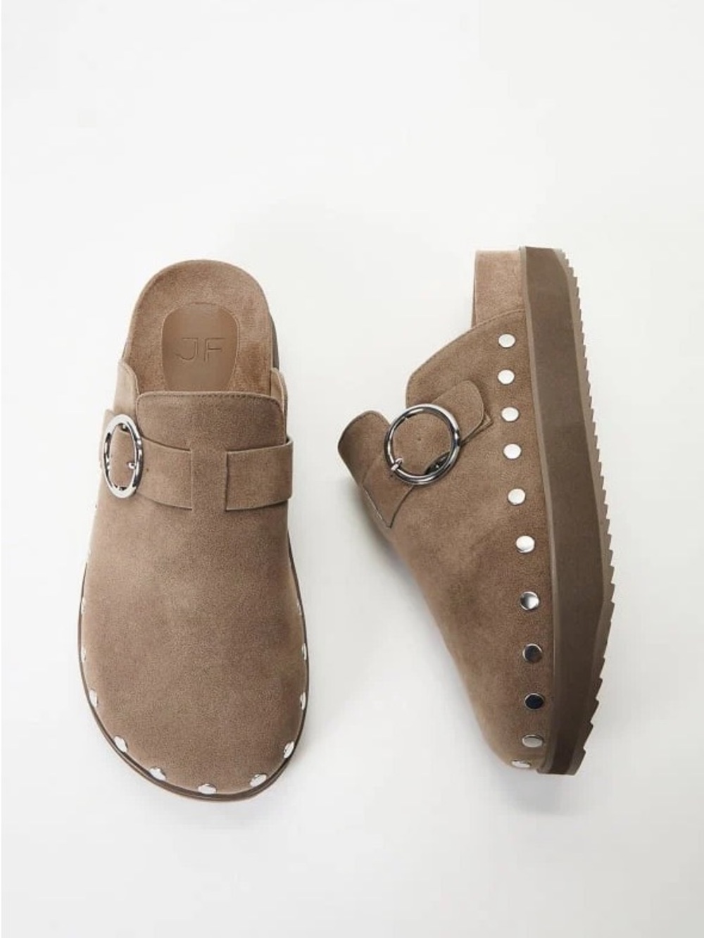 JustFab Taupe Suede Studded Clog Mule with Silver Buckle